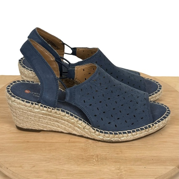 Clarks Unstructured Navy Blue Suede Espadrille Wedge Sandals – Size 7.5 Medium - Picture 2 of 13